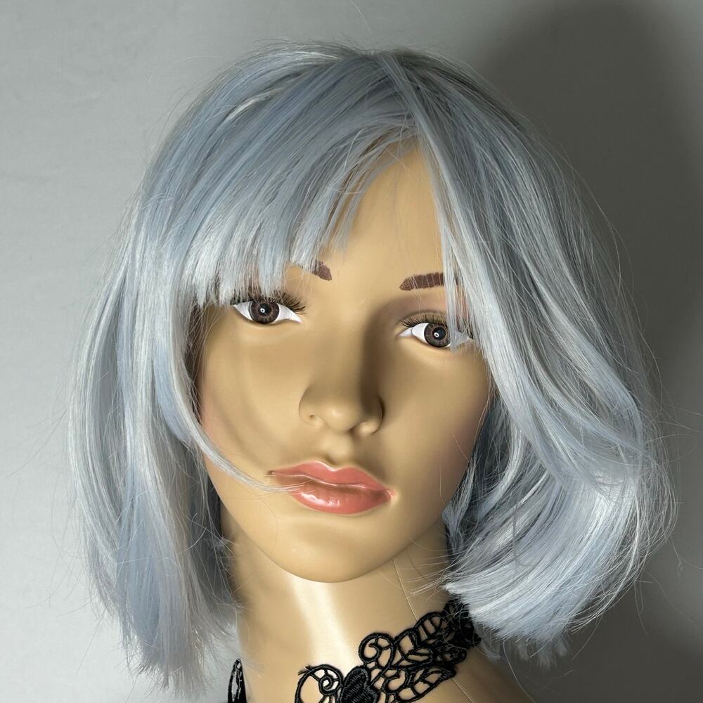 Silver Gray Bob Wig with Bangs Short Straight Cosplay Costume Adjustable Cap